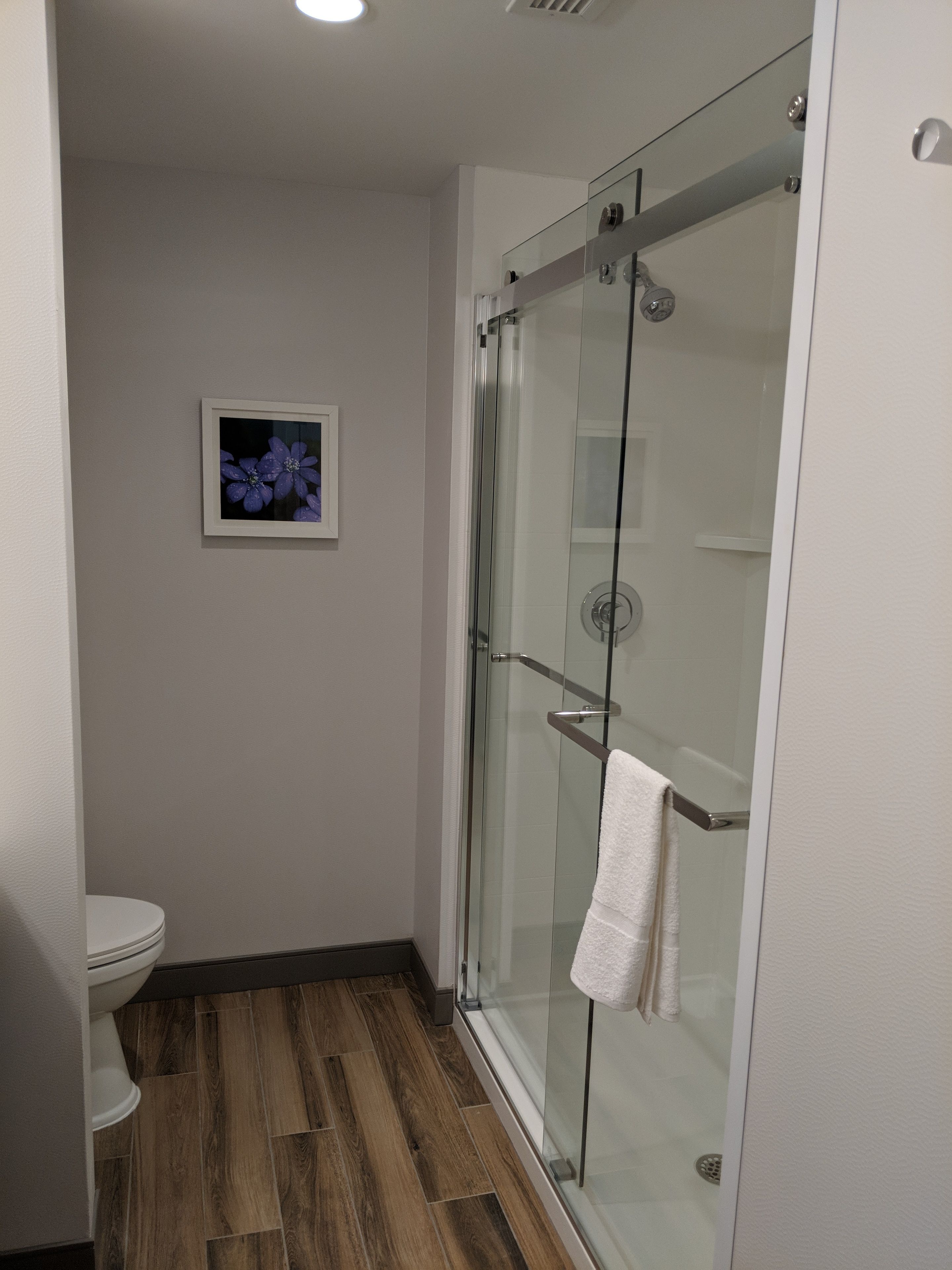 A modern bathroom with a glass shower enclosure, a toilet, and a framed picture on the wall.