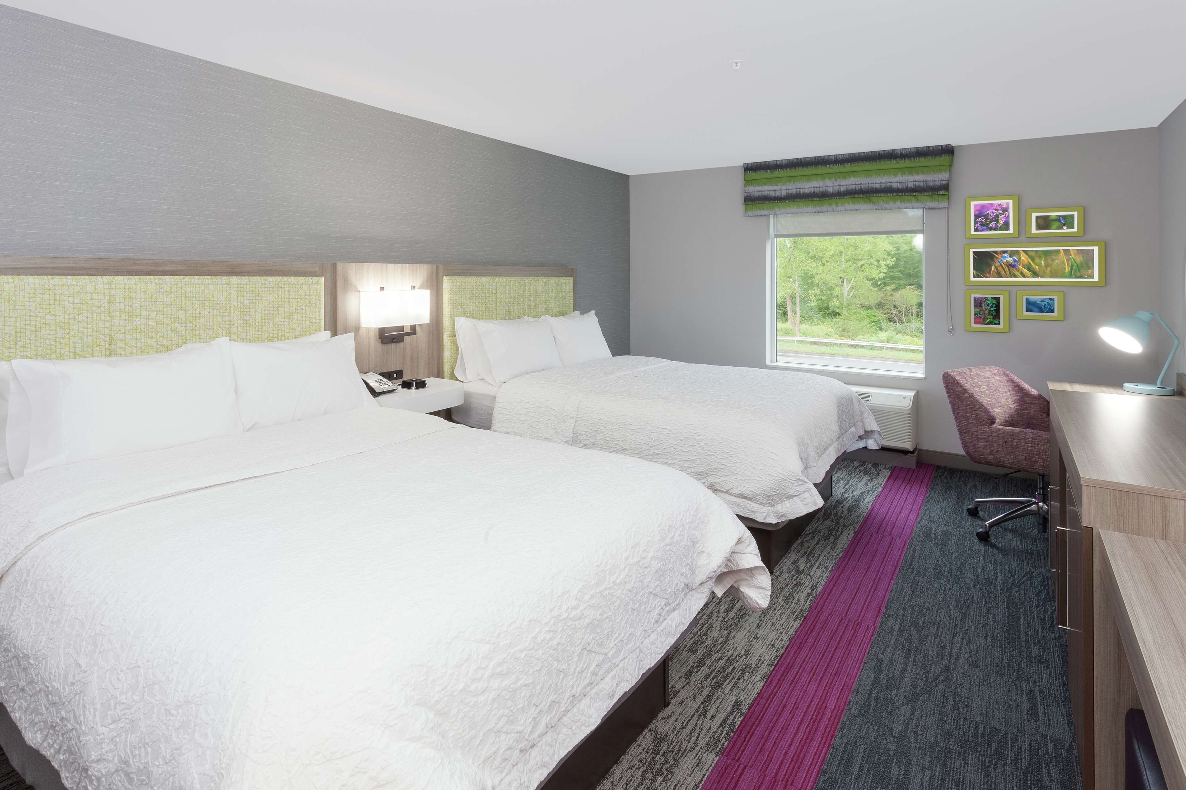 Quarto de hotel com duas camas, uma escrivaninha, uma cadeira, uma janela com vista para o verde e uma parede com quadros.