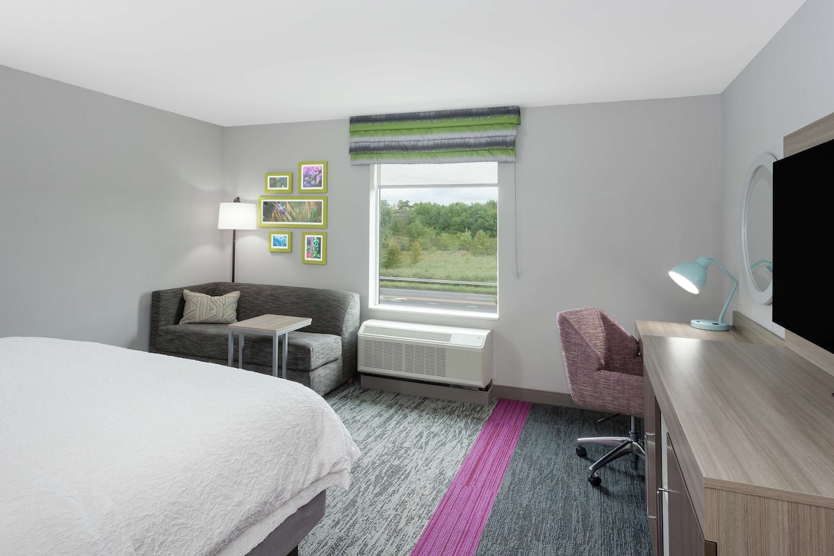 Habitación de hotel con cama, escritorio, silla, ventana con vista a follaje y televisor montado en la pared.