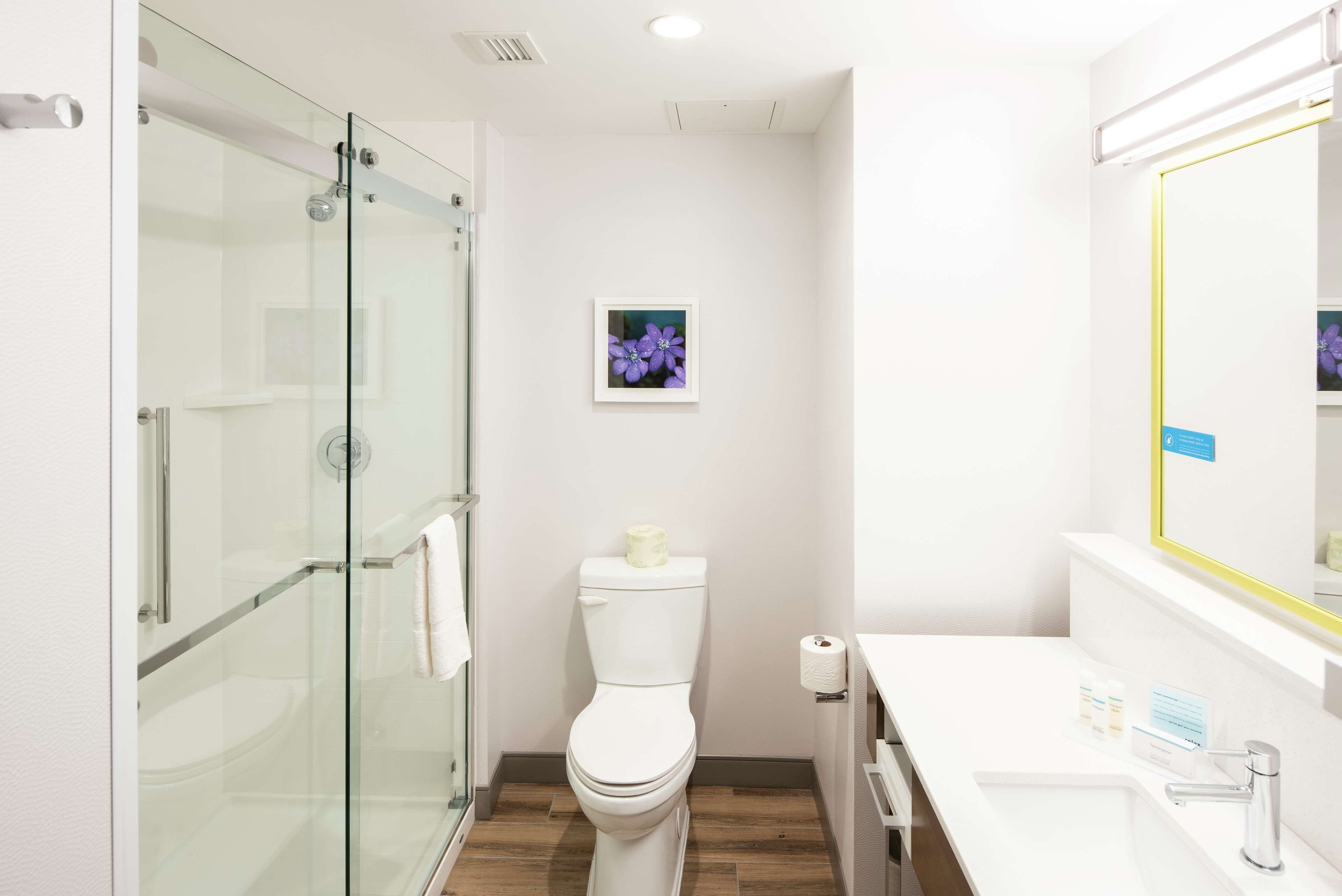 A modern bathroom with a glass shower enclosure, a white toilet, and a sink with a mirror.