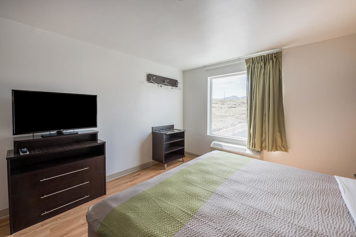 Un dormitorio con una cama, un televisor sobre un aparador, una ventana que ofrece vistas a un paisaje desértico y un radiador.