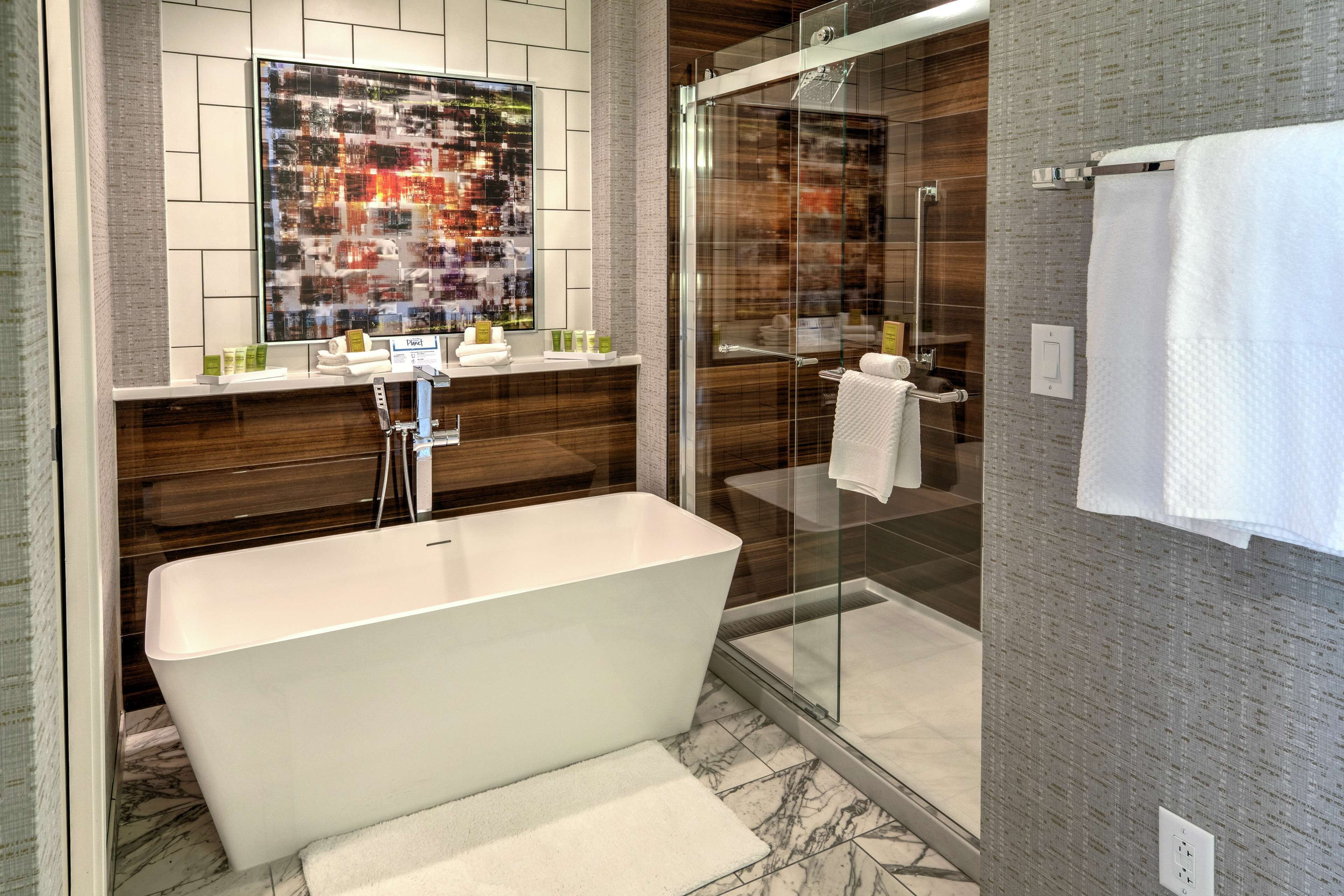 designer toiletries, hair dryer, towels, soap