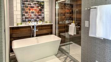 Designer toiletries, hair dryer, towels, soap