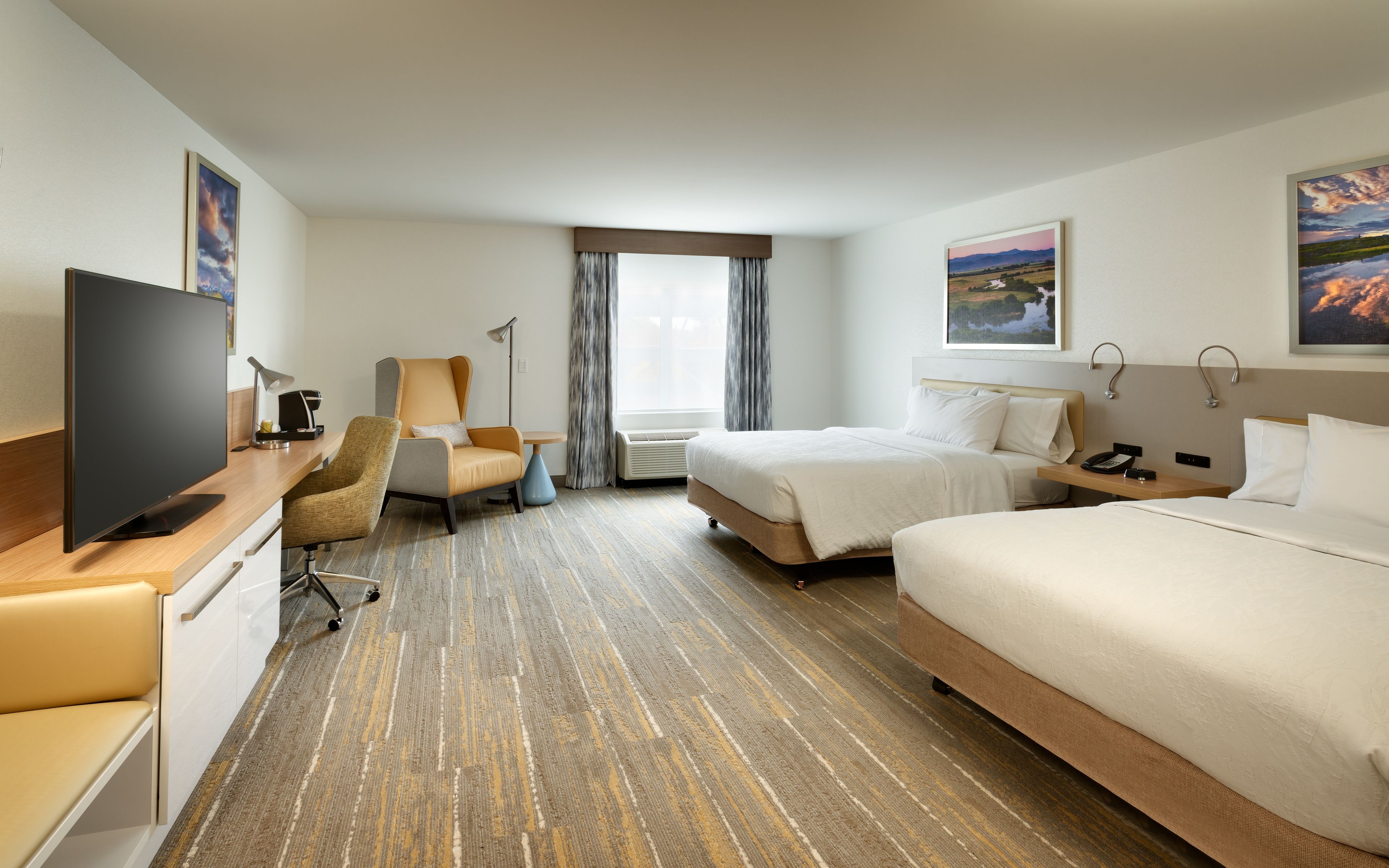 desk, laptop workspace, blackout curtains, iron/ironing board