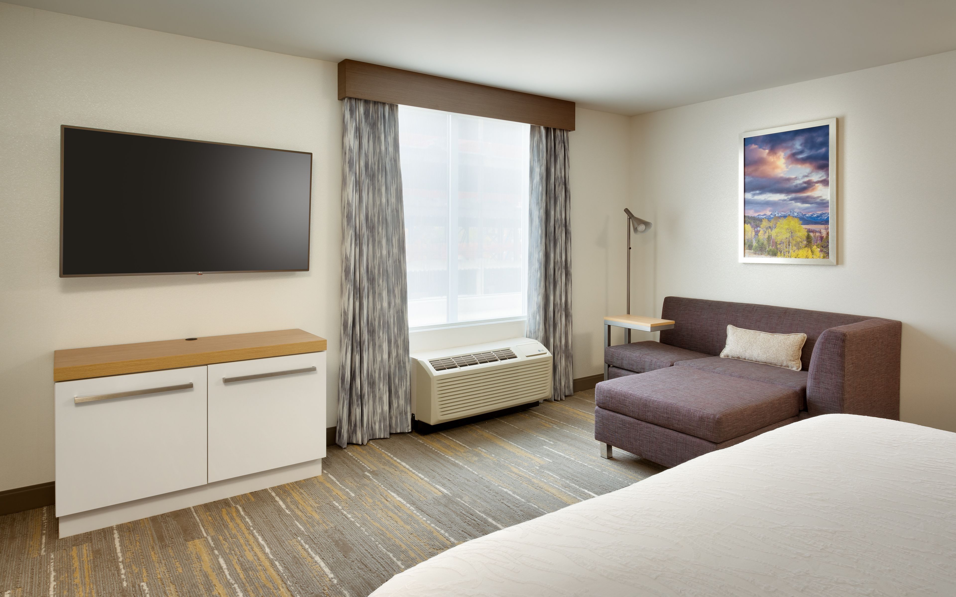 desk, laptop workspace, blackout curtains, iron/ironing board