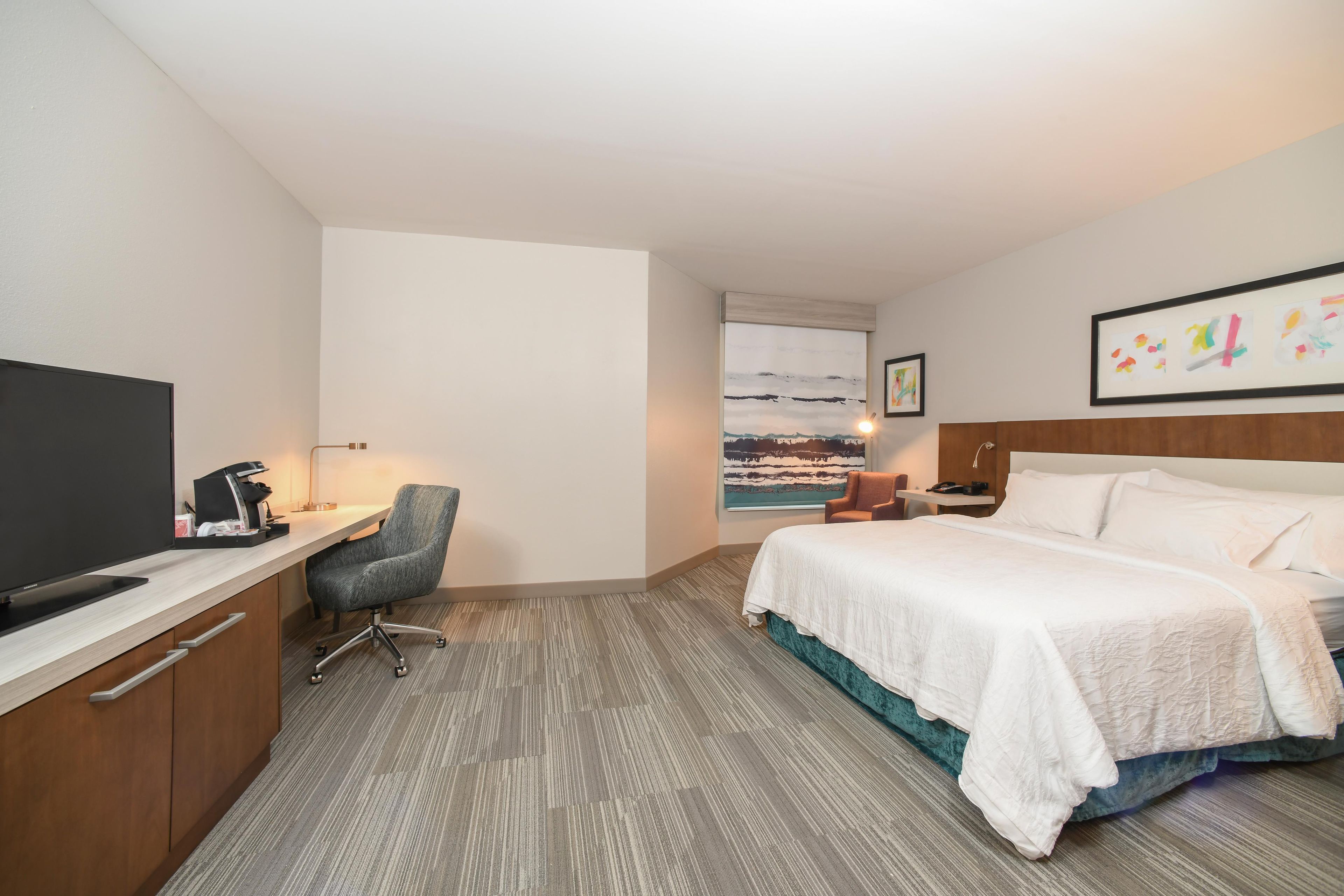 Habitación de hotel con cama, escritorio con televisión de pantalla plana, una silla y ventana con vistas.