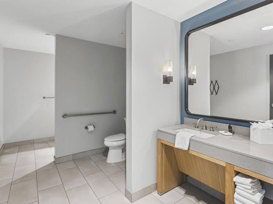 A modern bathroom with a toilet, sink, and mirror.