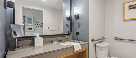Une salle de bain moderne avec un grand miroir, un lavabo, des toilettes et des barres d’appui.