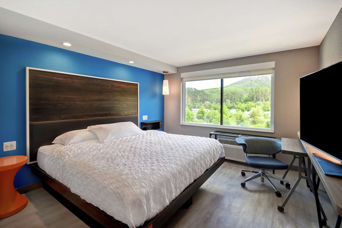 Een moderne hotelkamer met een groot bed, een bureau en uitzicht op een groen landschap.