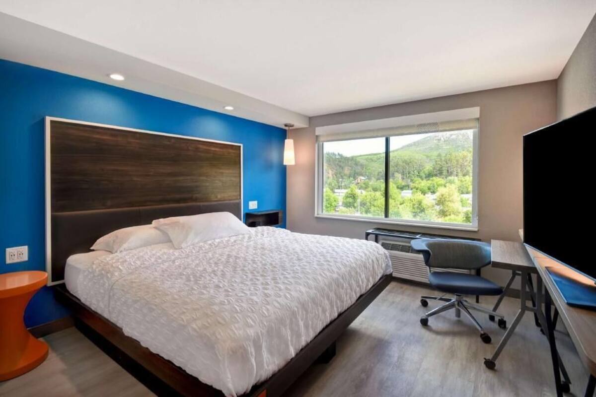 Een moderne hotelkamer met een groot bed, een bureau en uitzicht op groen.