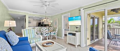 Flat-screen TV, DVD player, stereo, offices