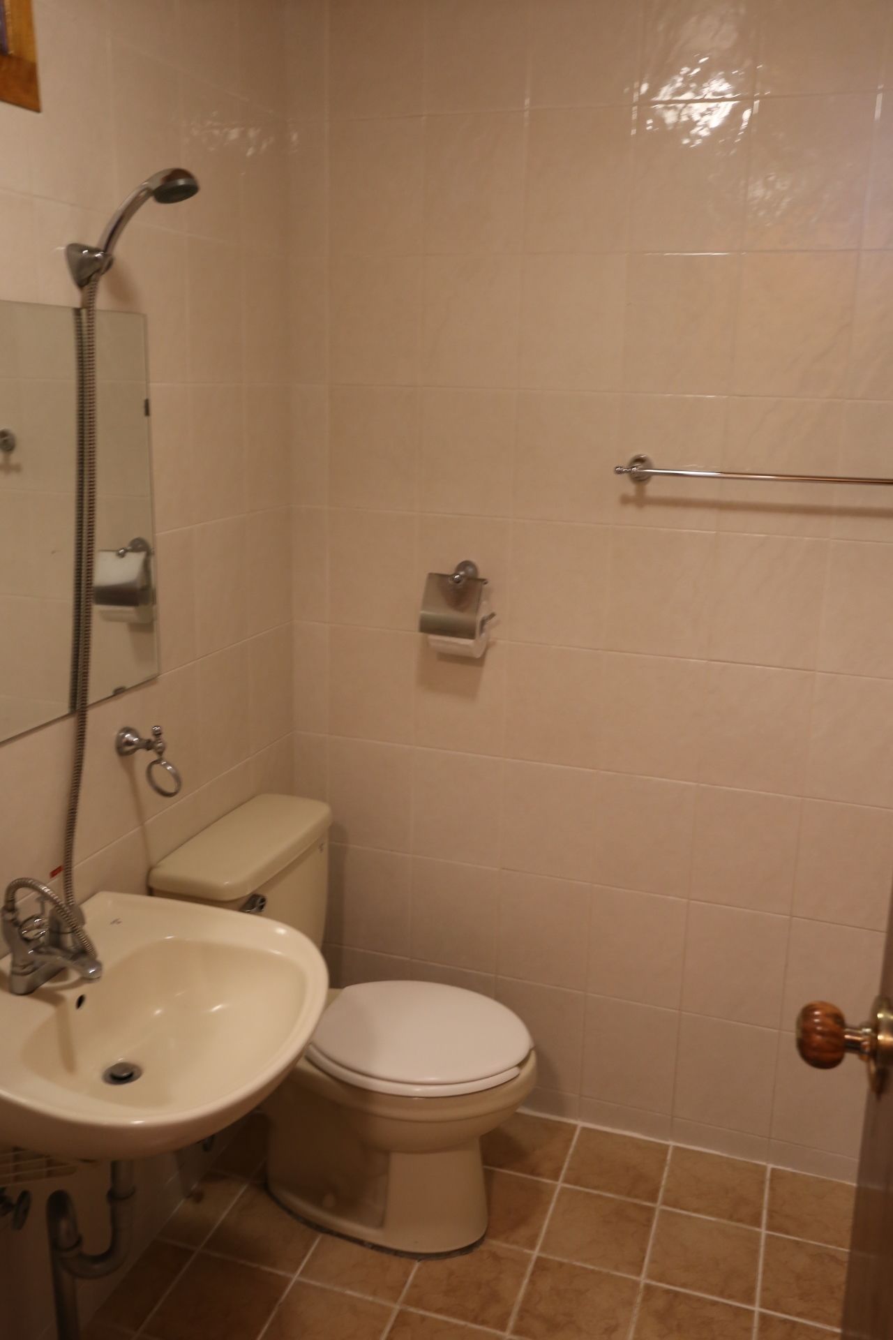 A small bathroom with a toilet, sink, and shower.