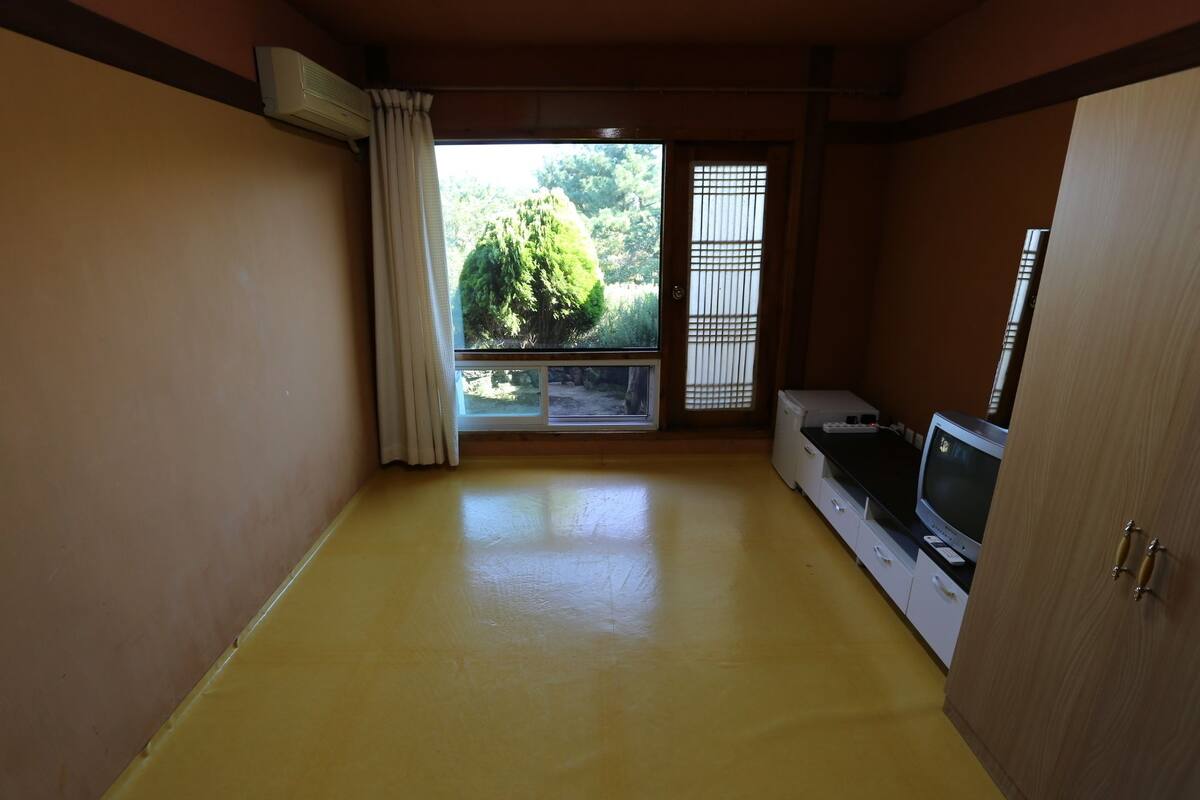 A small room with a yellow floor, a window with a view of greenery, a radiator, and a television on a stand.