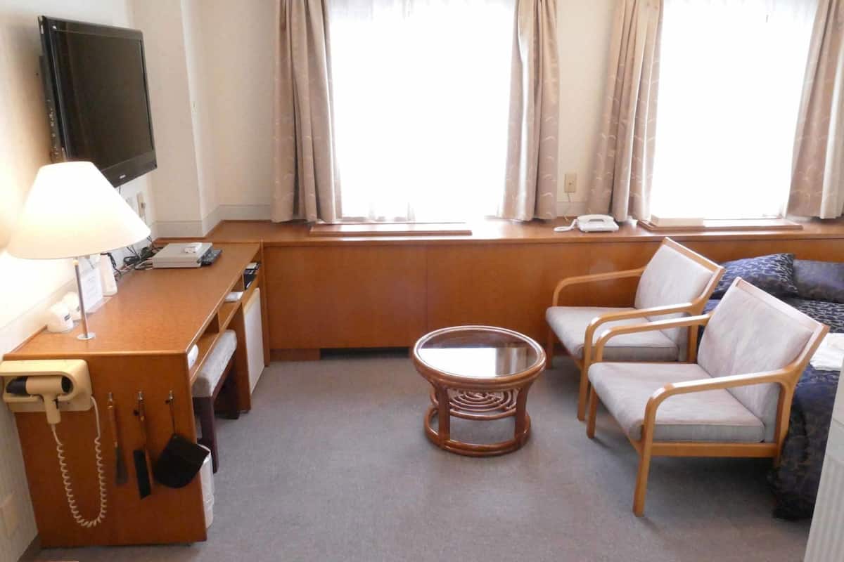 Quarto de hotel com escrivaninha, cadeiras, televisão e cama.