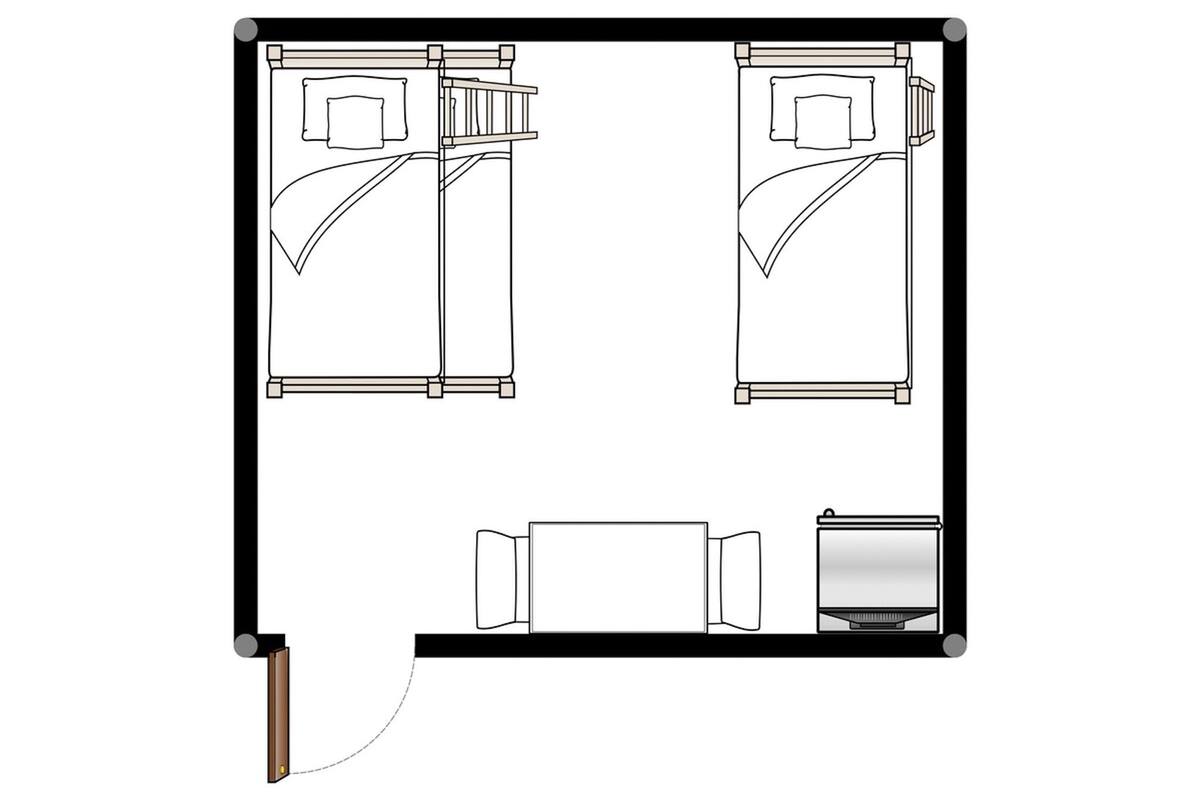 A floor plan of a hotel room with two beds, a desk, and a bathroom.