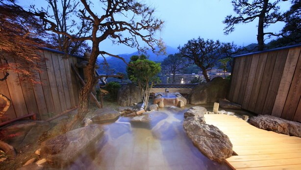 A hot spring bath area with wooden walkways and a view of a mountainous landscape. - Wakamatsu HakoneYugawara (Yugawara)