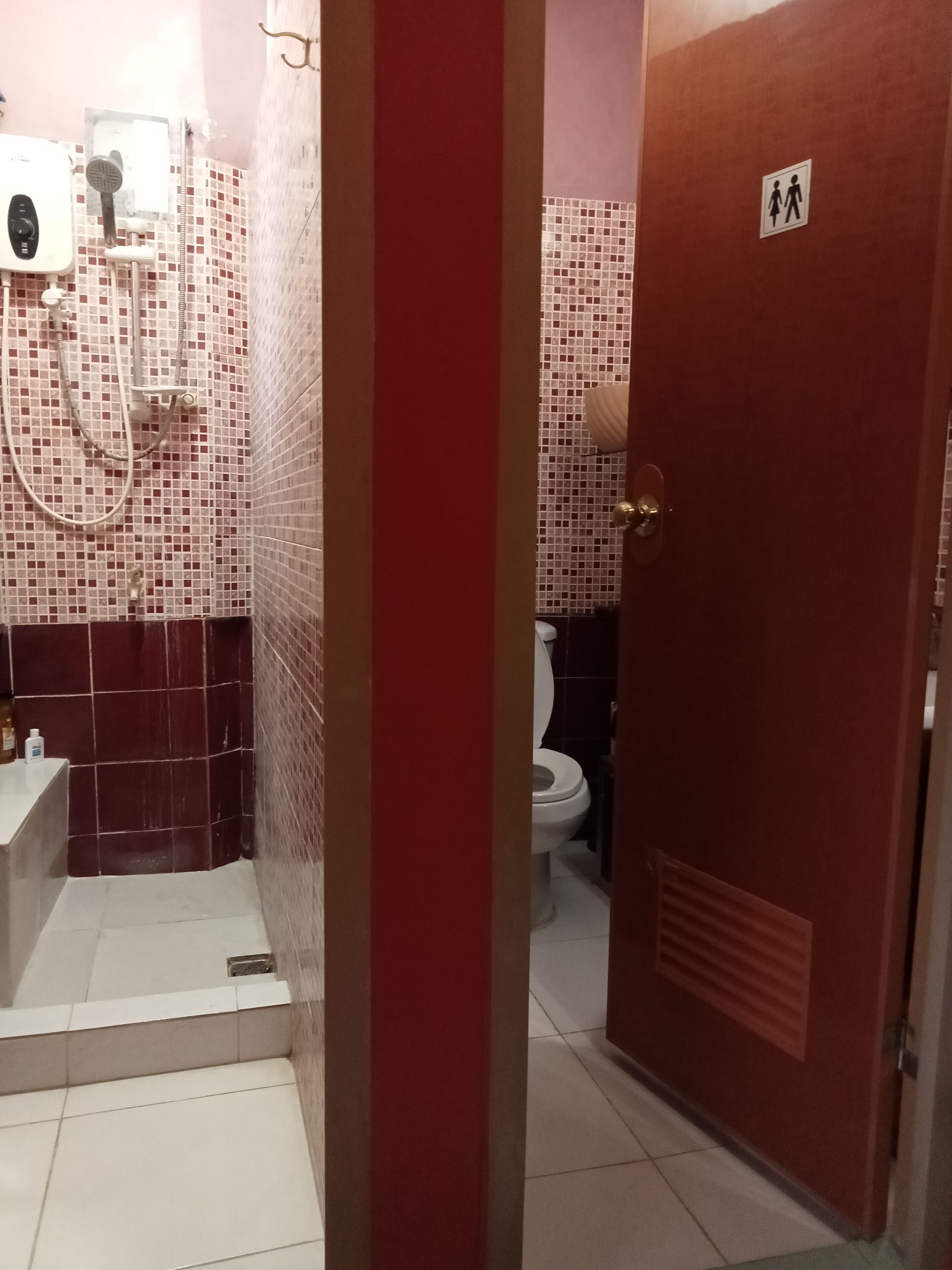 A bathroom with a shower, toilet, and a door with a male and female symbol.