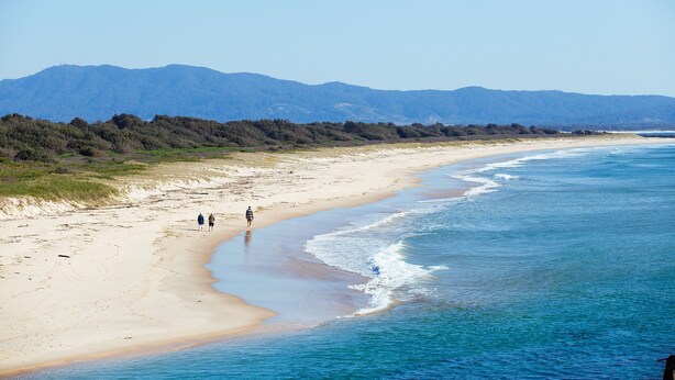 A beach with a clear sky, a sandy shore, and a mountain range in the background. - Horseshoe Bay Holiday Park (South West Rocks)