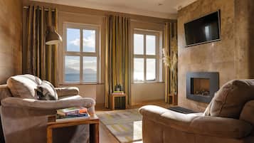 Smart TV, chimenea, reproductor de DVD y libros