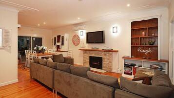 TV, fireplace, DVD player, video library