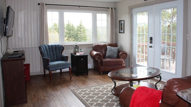 A living room with a ceiling fan, a brown leather armchair, a blue armchair, a glass coffee table, and a red throw blanket. - Charming cottage minutes from Gaelic College and Baddeck with WIFI (Baddeck)