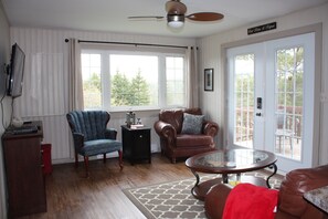 Un salon avec un ventilateur de plafond, un fauteuil en cuir marron, un fauteuil bleu, une table basse en verre et un plaid rouge.