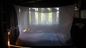 Una cama con mosquitero, cabecera de madera y ventana con luz natural.