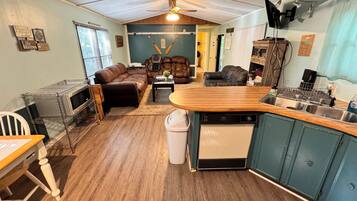 Smart TV, fireplace, DVD player, books