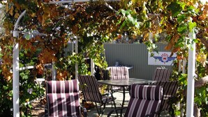 Een terras buiten met een tafel en stoelen, omgeven door een pergola begroeid met klimplanten.