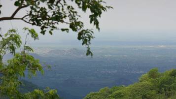 A panoramic view of a mountainous landscape with dense green foliage in the foreground.