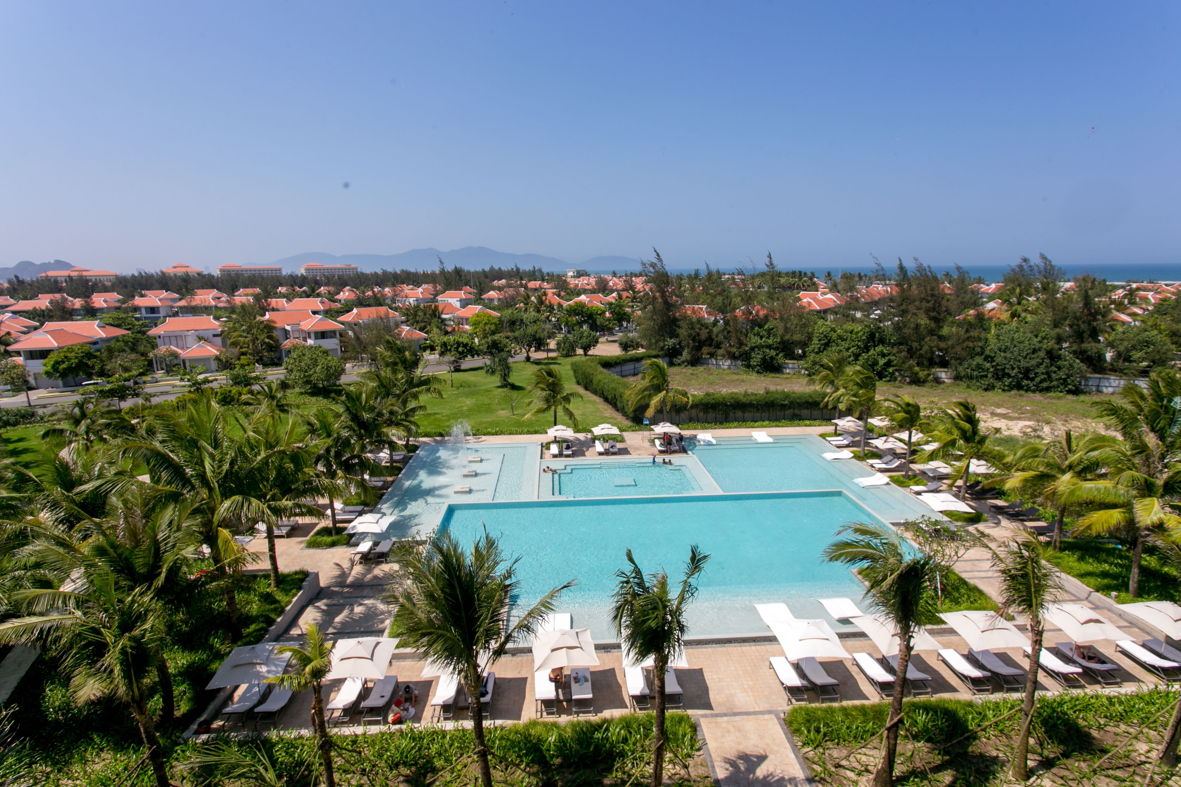 A resort with a large swimming pool, sun loungers, and palm trees.
