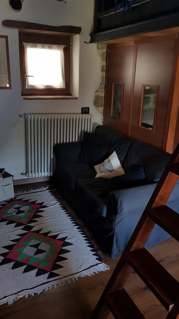 Sala de estar com um sofá de couro escuro, um armário de madeira, um radiador, uma janela com cortinas e um tapete estampado.