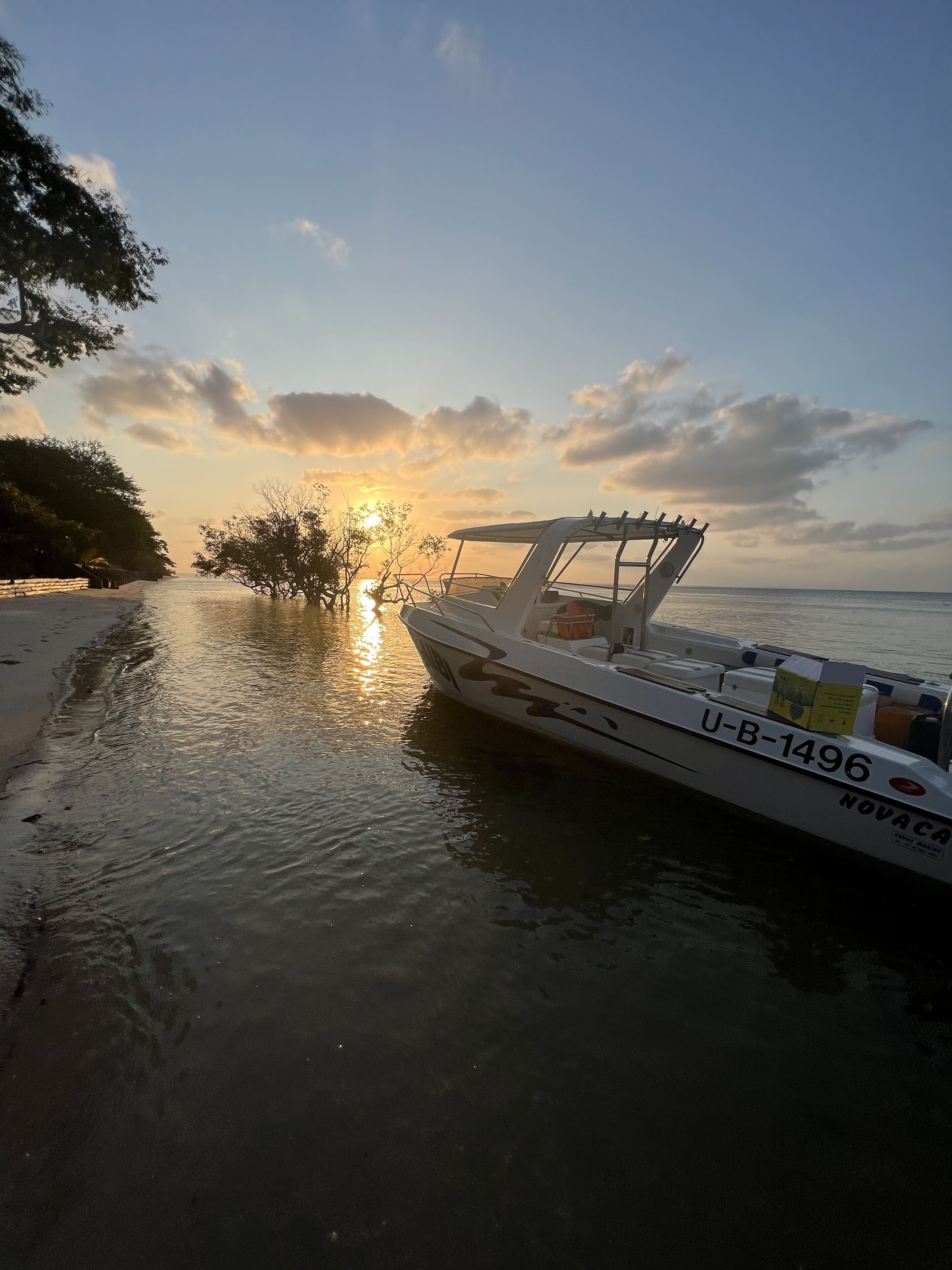 Un barco fondeado en una playa bajo un cielo despejado con atardecer.