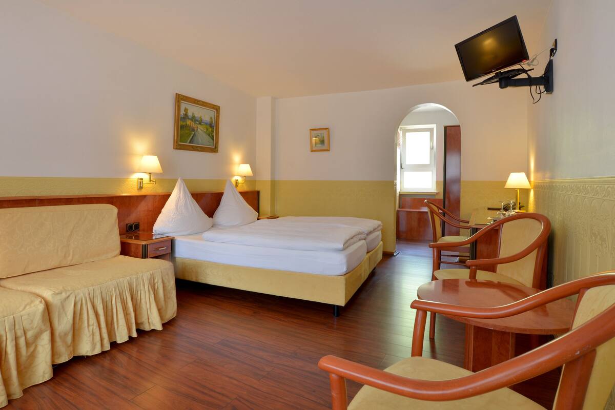 A hotel room with a bed, a sofa, a desk, and a TV.