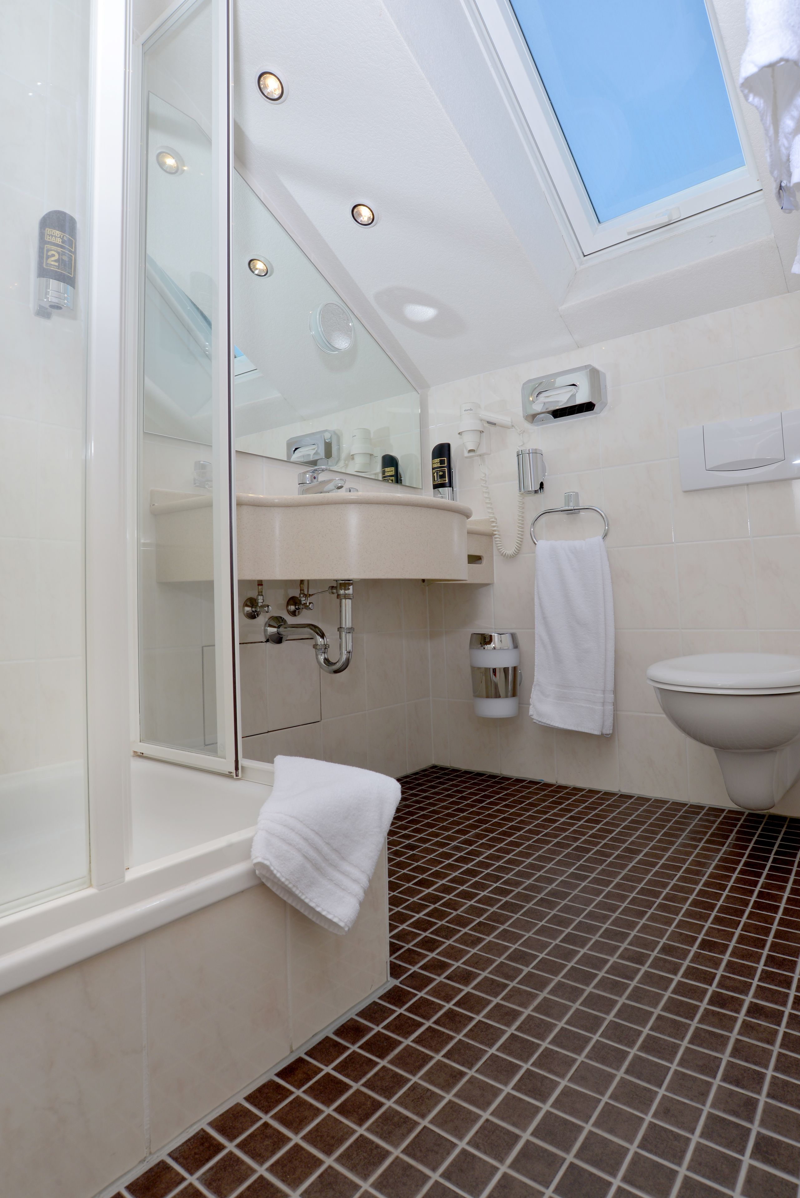 shower, free toiletries, hair dryer, towels