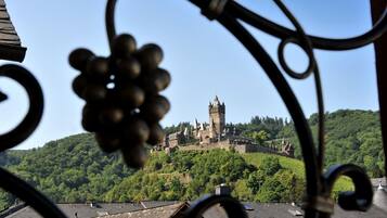A view of a castle on a hill with surrounding greenery and rooftops in the foreground.