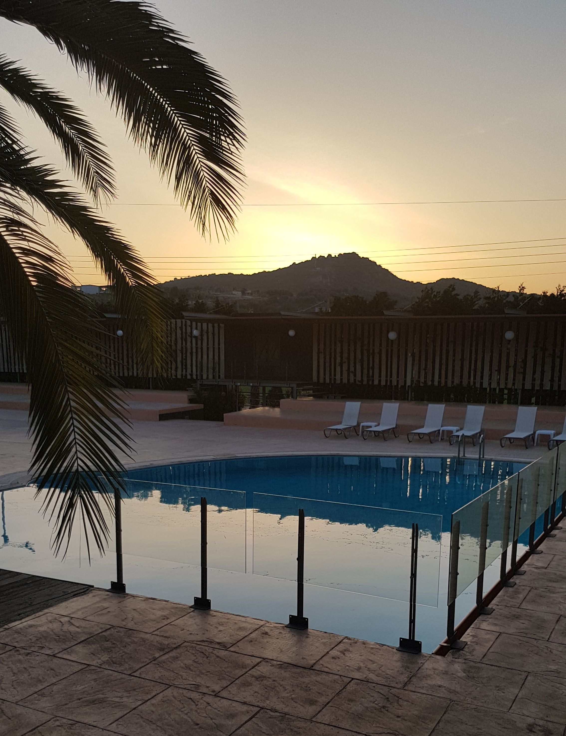 A swimming pool with lounge chairs and a palm tree, surrounded by a wooden fence and a mountain in the background.