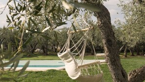A hammock suspended from a tree, overlooking a swimming pool and a grassy area. - Masseria Spesseto (Fasano)