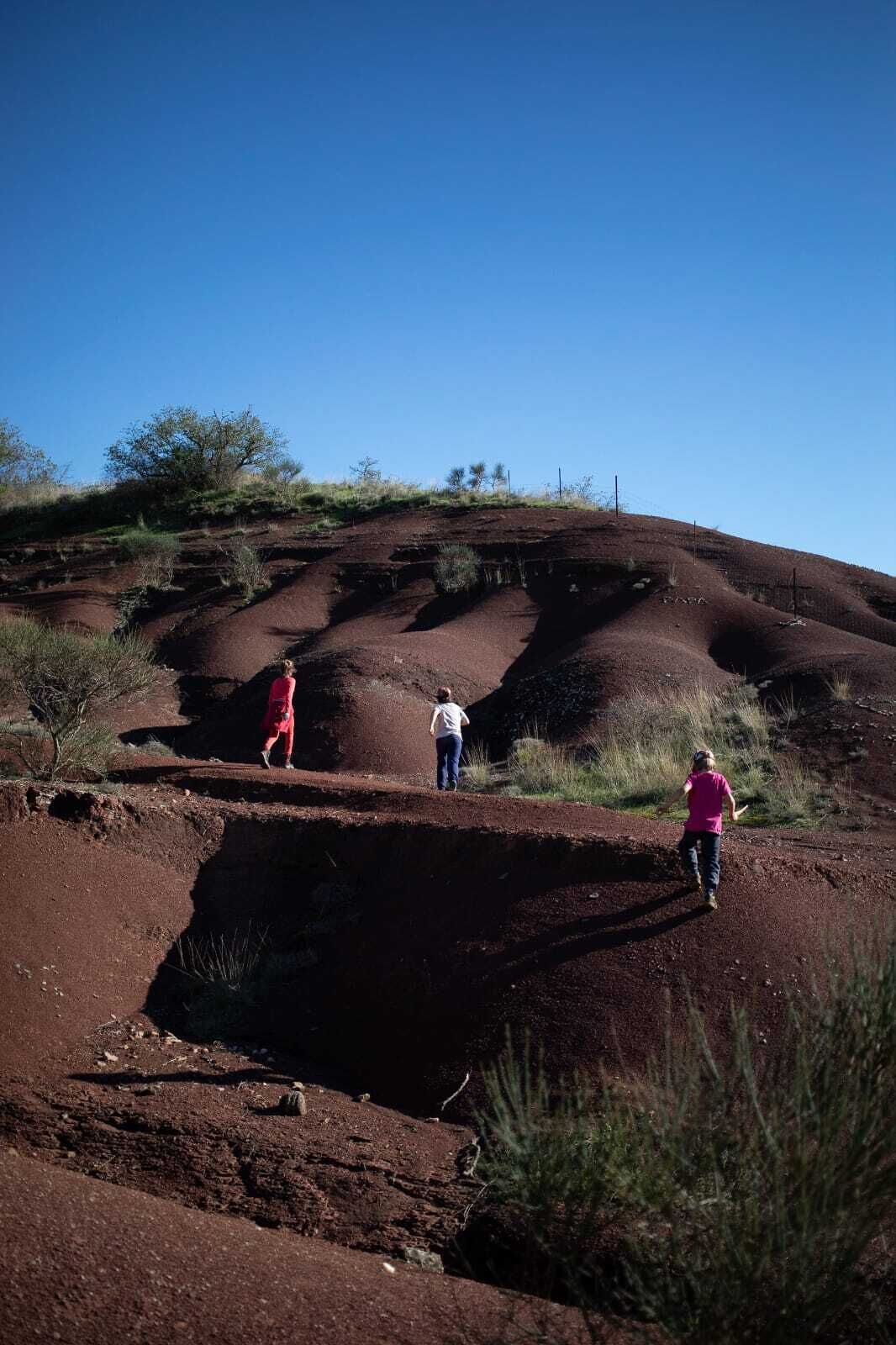 Een glooiend landschap met drie mensen aan het wandelen.