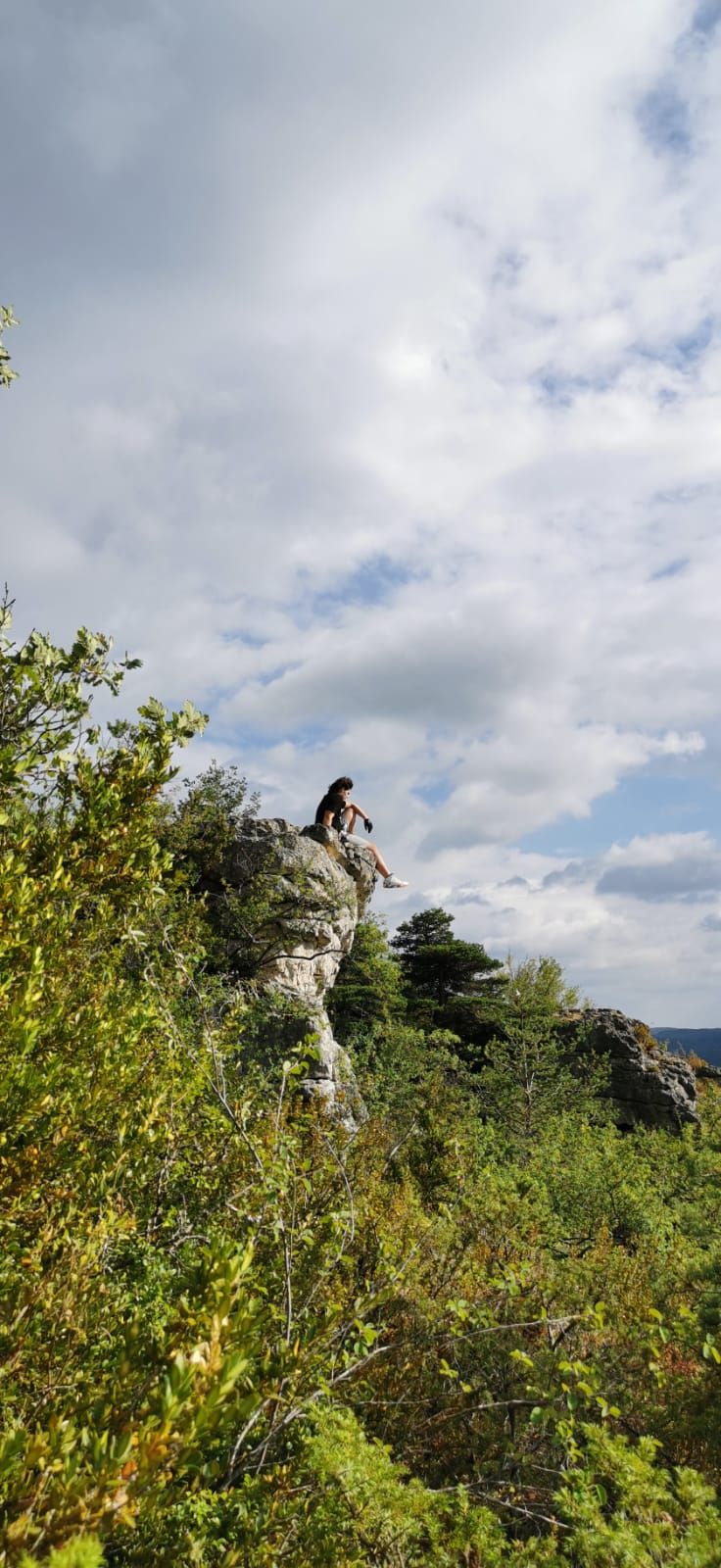 Une personne assise sur une formation rocheuse, entourée d’une végétation luxuriante.