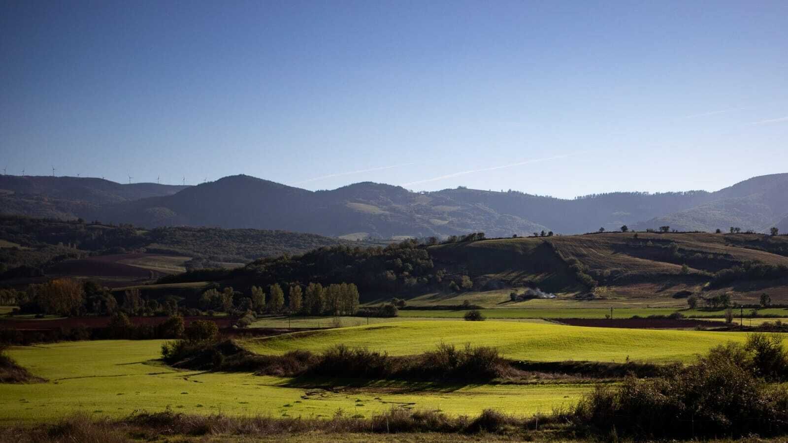 Paisaje rural con colinas ondulantes, campos y aerogeneradores a lo lejos.