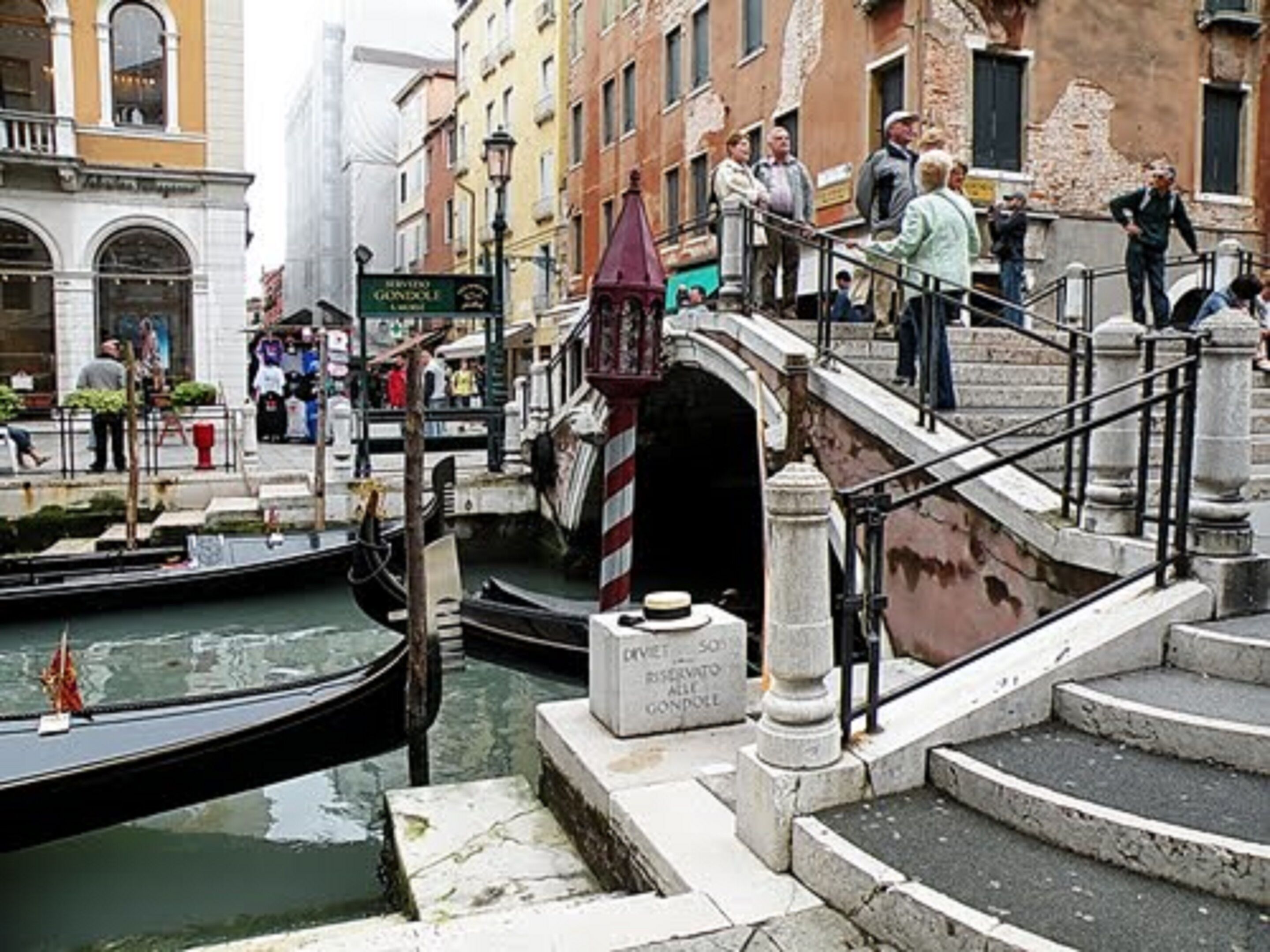 A canal with boats, a bridge, and people walking.