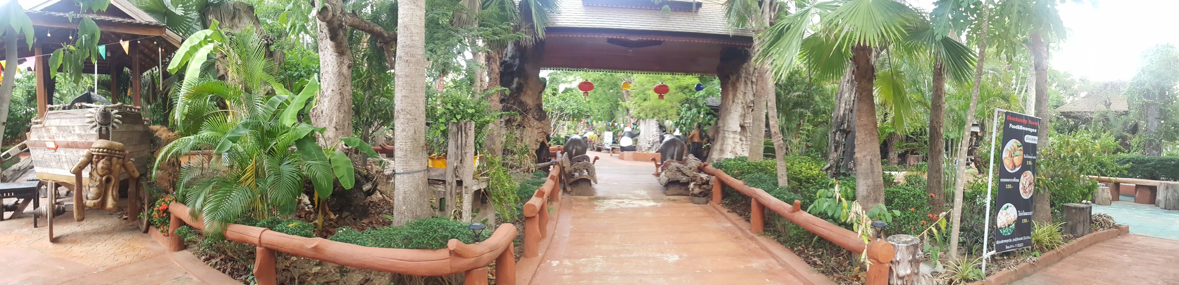 A pathway flanked by lush greenery and traditional wooden structures, leading to a covered area with a signboard.