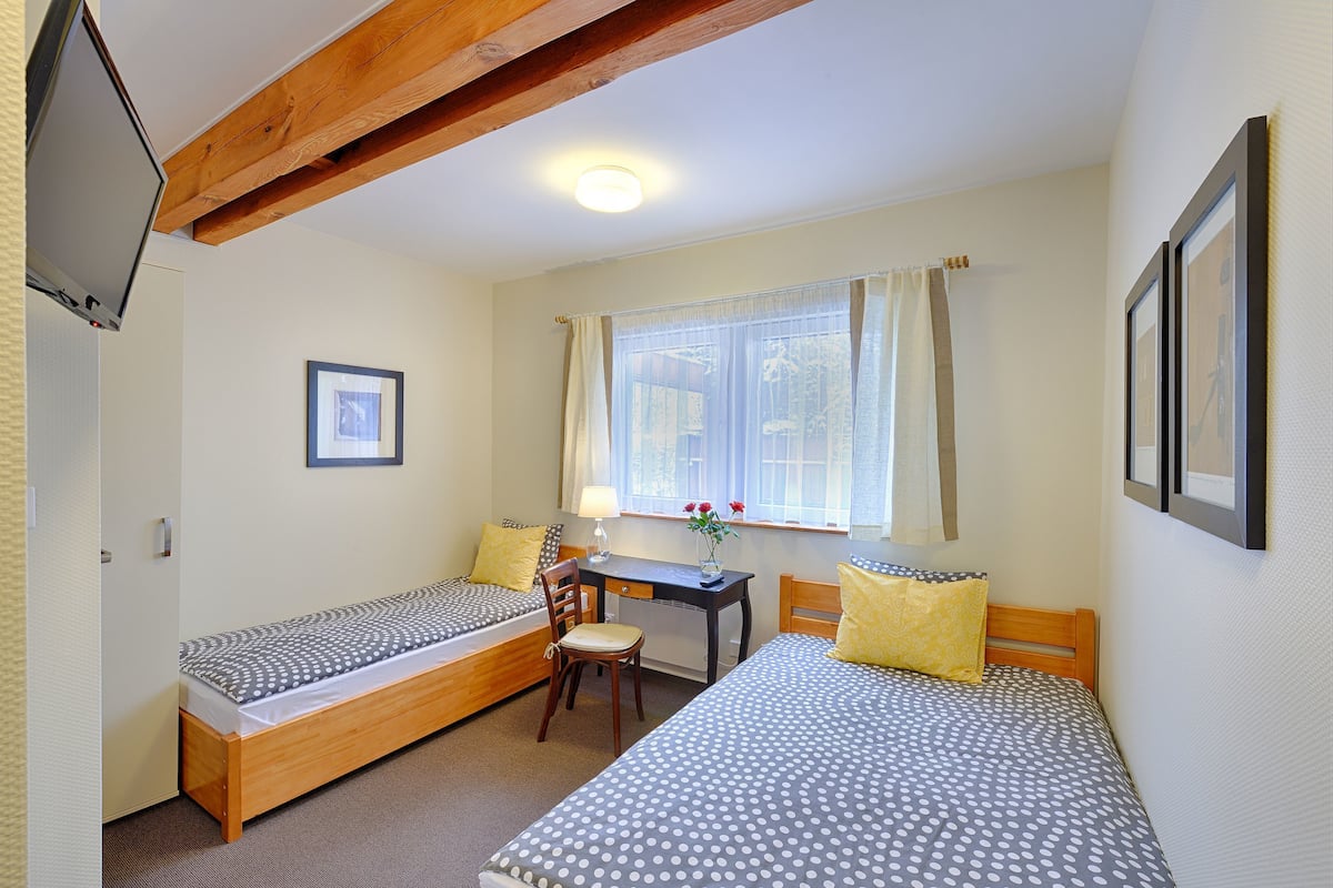 Une chambre avec deux lits simples, un bureau, une chaise et un téléviseur.