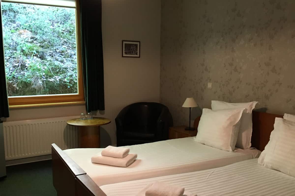 A hotel room with two beds, a chair, a small table, a lamp, and a window with a view of greenery.