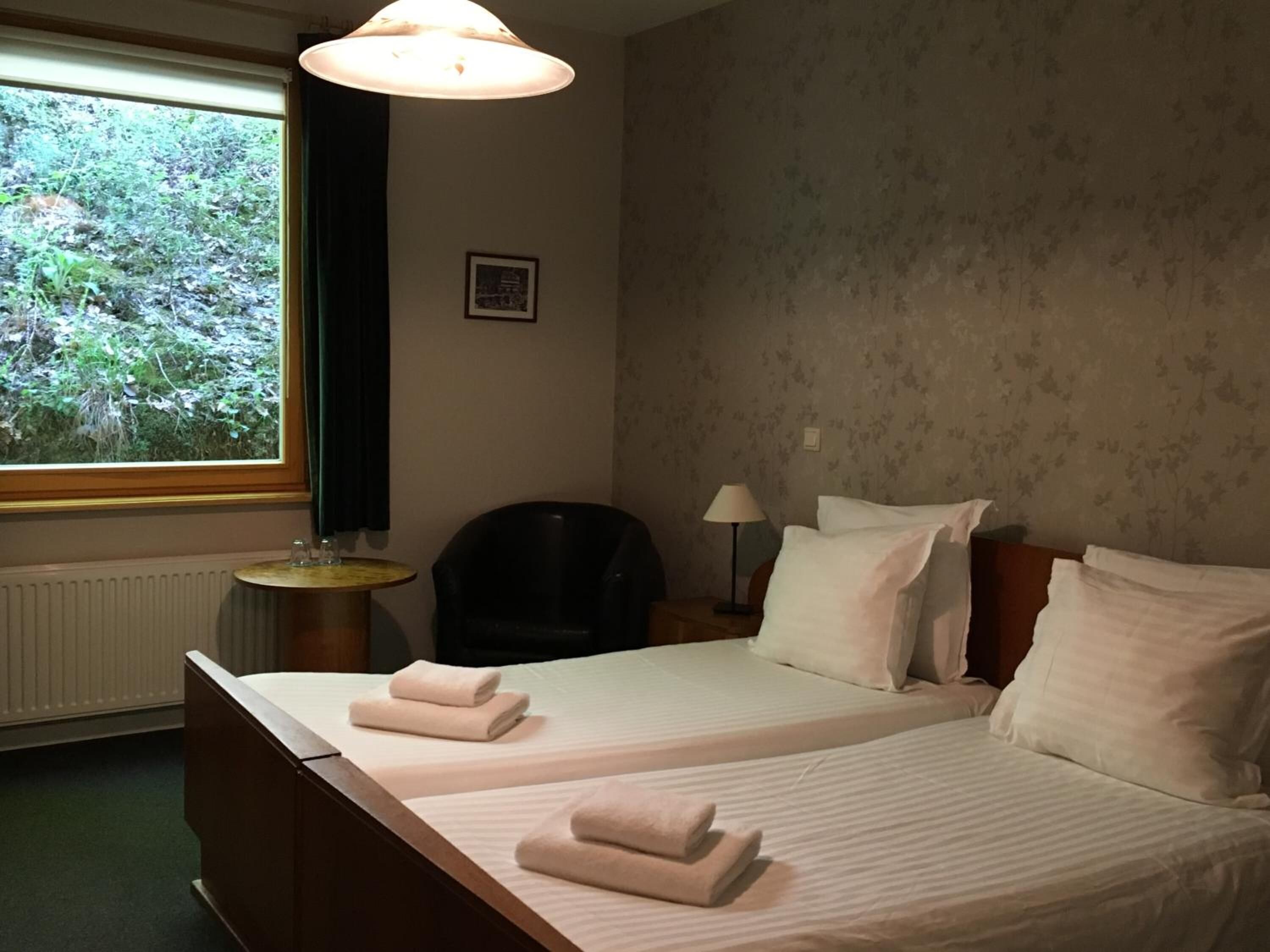 Habitación de hotel con dos camas, una ventana con vistas a zonas verdes, una silla, una mesita y una lámpara.