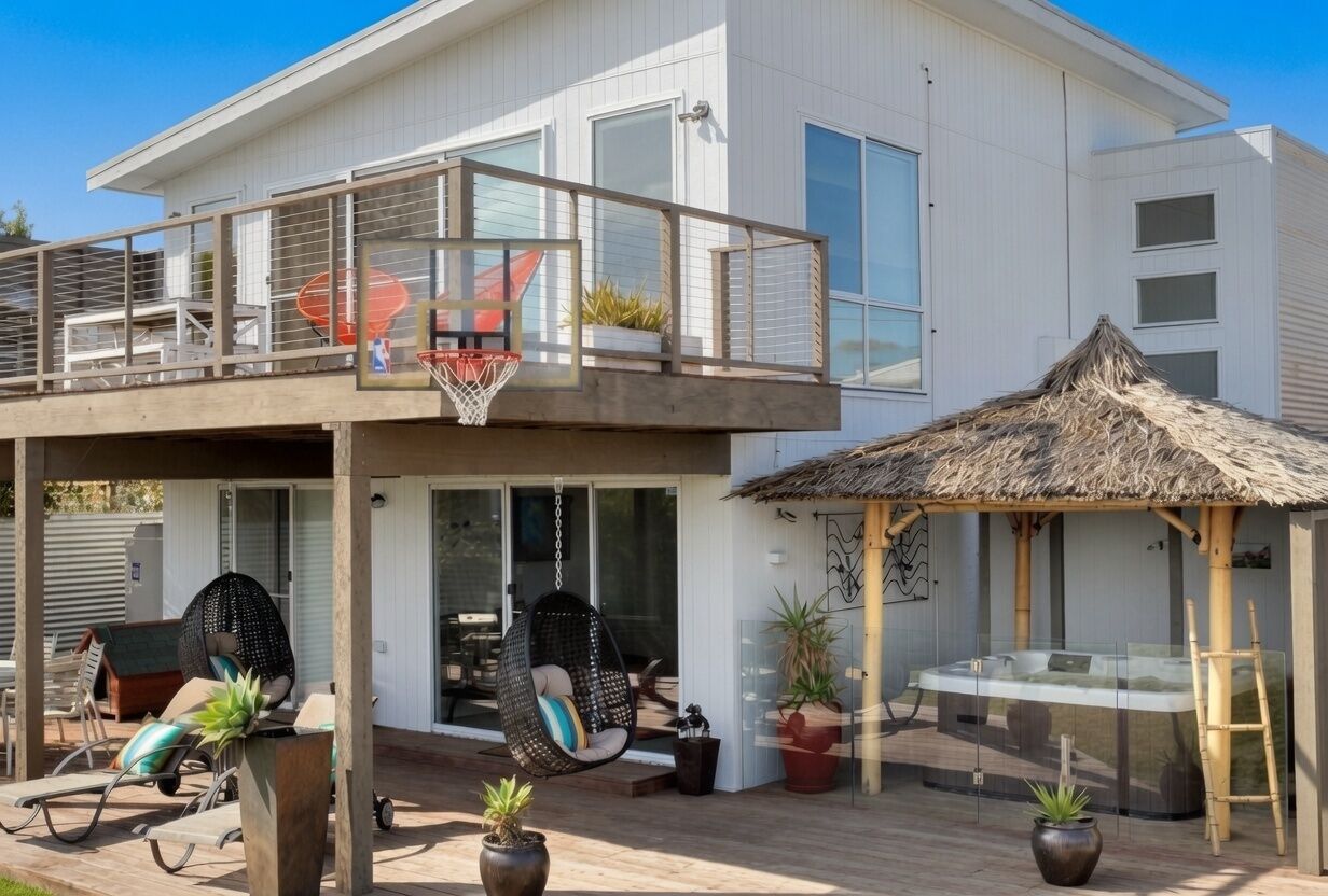 A modern two-story house with a balcony, outdoor seating, a hot tub, and a thatched-roof structure.