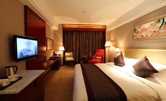 Habitación de hotel con cama, televisión, escritorio con cafetera, silla y lámpara.