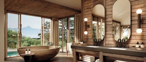 Separate tub and shower, deep soaking tub, rainfall showerhead