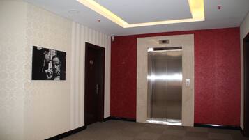 A hallway with patterned wallpaper, a framed picture on the wall, a door, and an elevator.